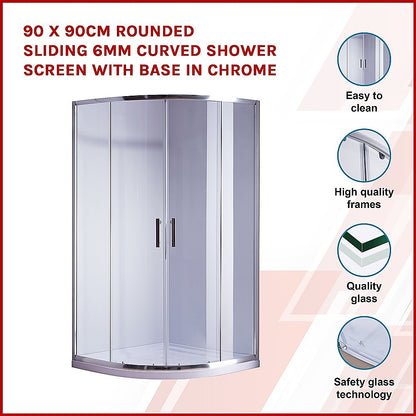 90 x 90cm Rounded Sliding 6mm Curved Shower Screen with Base in Chrome V63-830051
