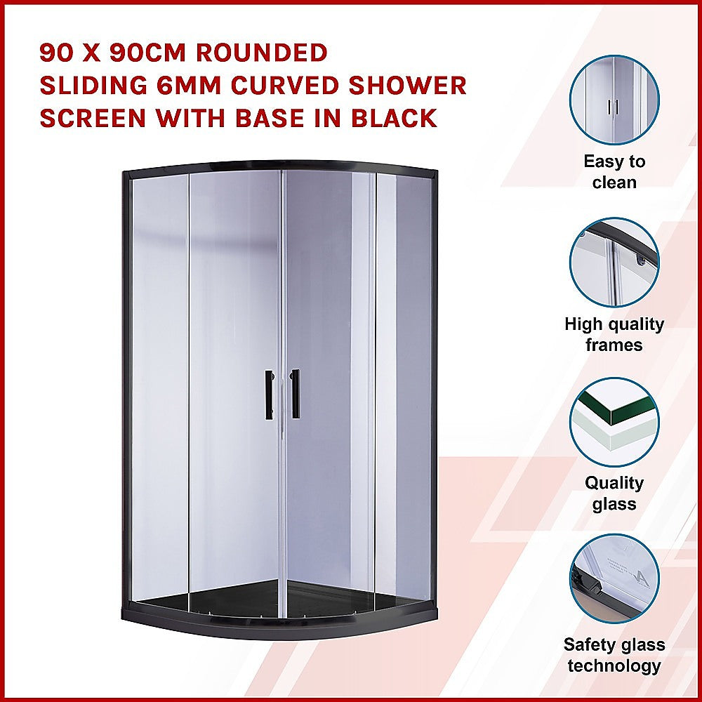 90 x 90cm Rounded Sliding 6mm Curved Shower Screen with Base in Black V63-830061