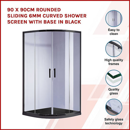 90 x 90cm Rounded Sliding 6mm Curved Shower Screen with Base in Black V63-830061