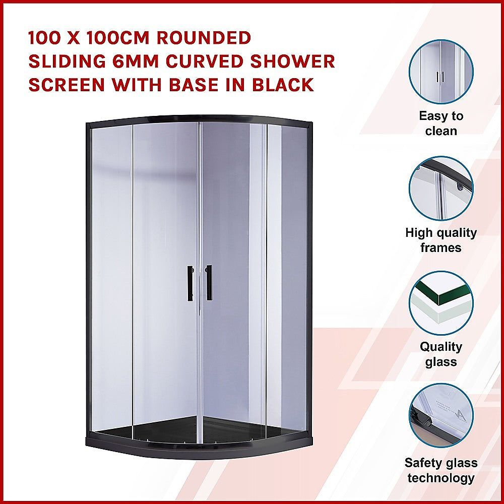 100 x 100cm Rounded Sliding 6mm Curved Shower Screen with Base in Black V63-830071