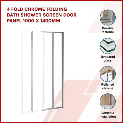 4 Fold Chrome Folding Bath Shower Screen Door Panel 1000 x 1400mm V63-830161