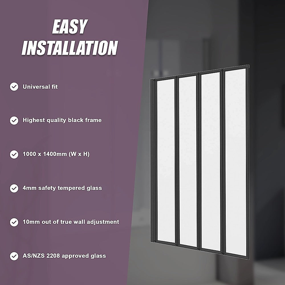 4 Fold Black Folding Bath Shower Screen Door Panel 1000 x 1400mm V63-830171