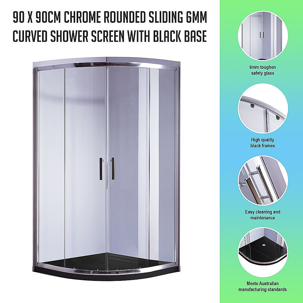 90 x 90cm Chrome Rounded Sliding 6mm Curved Shower Screen with Black Base V63-830201