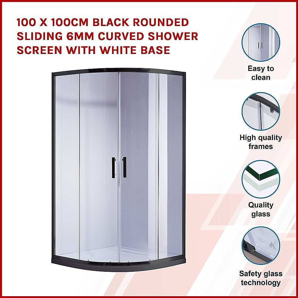100 x 100cm Black Rounded Sliding 6mm Curved Shower Screen with White Base V63-830231