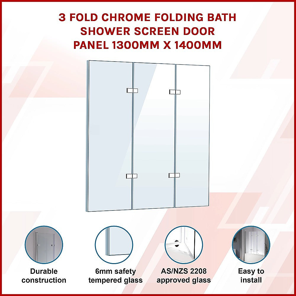 3 Fold Chrome Folding Bath Shower Screen Door Panel 1300mm x 1400mm V63-831501