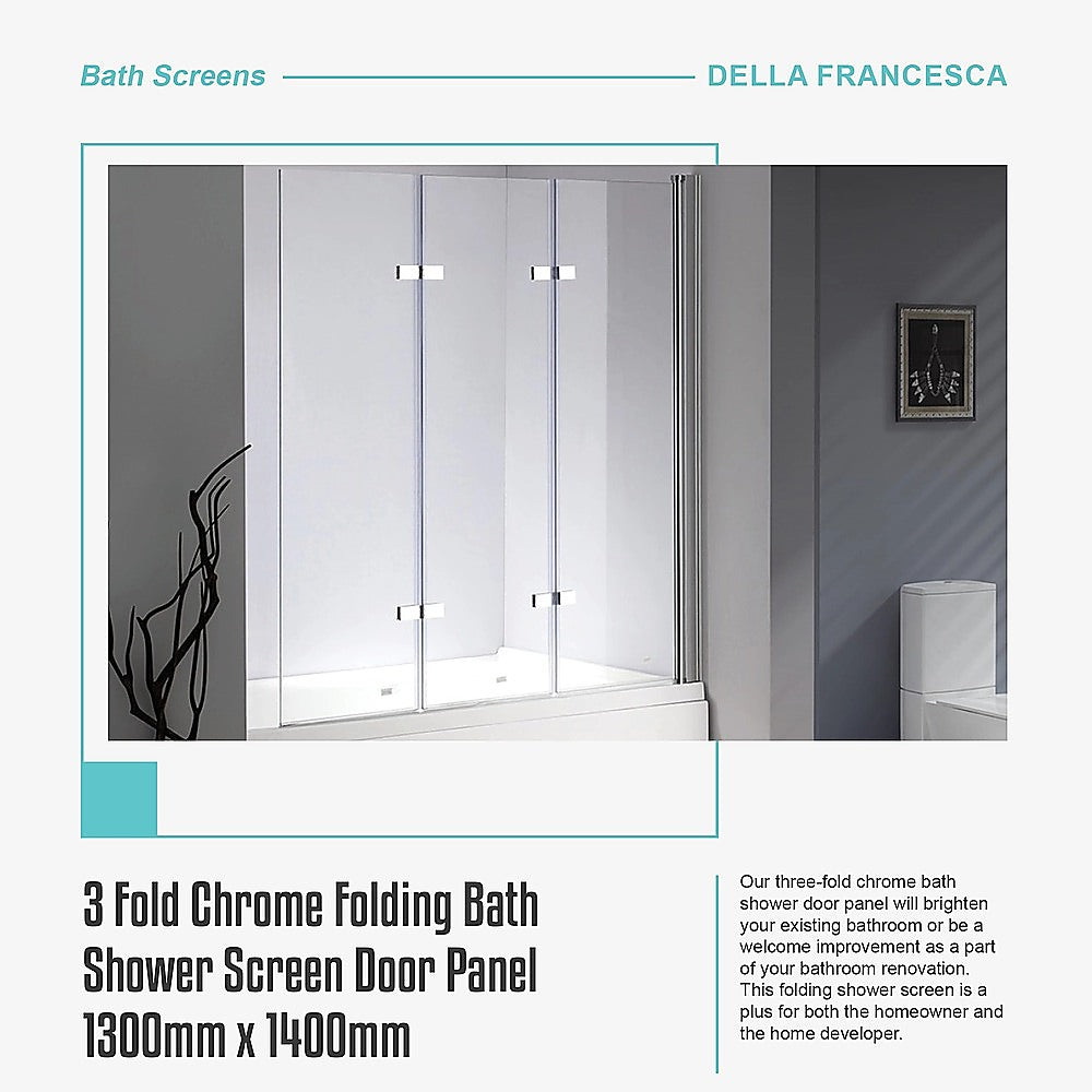 3 Fold Chrome Folding Bath Shower Screen Door Panel 1300mm x 1400mm V63-831501
