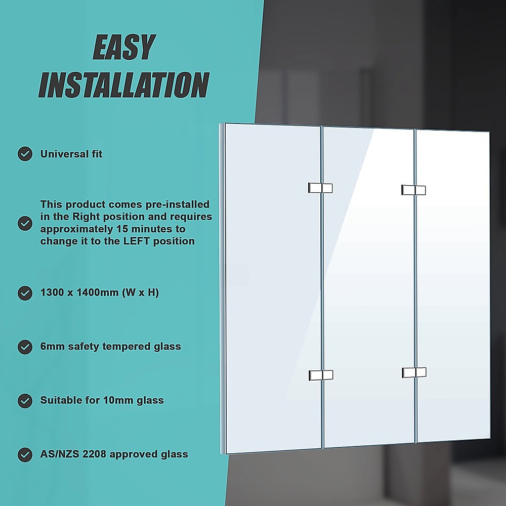 3 Fold Chrome Folding Bath Shower Screen Door Panel 1300mm x 1400mm V63-831501