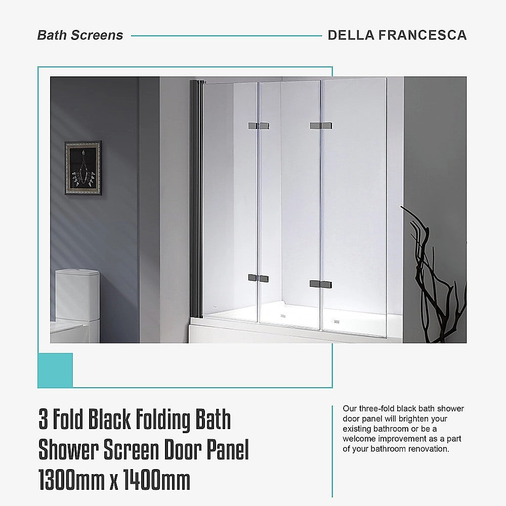3 Fold Black Folding Bath Shower Screen Door Panel 1300mm x 1400mm V63-831511