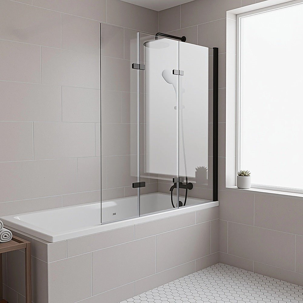 3 Fold Black Folding Bath Shower Screen Door Panel 1300mm x 1400mm V63-831511