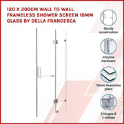 120 x 200cm Wall to Wall Frameless Shower Screen 10mm Glass By Della Francesca V63-831521