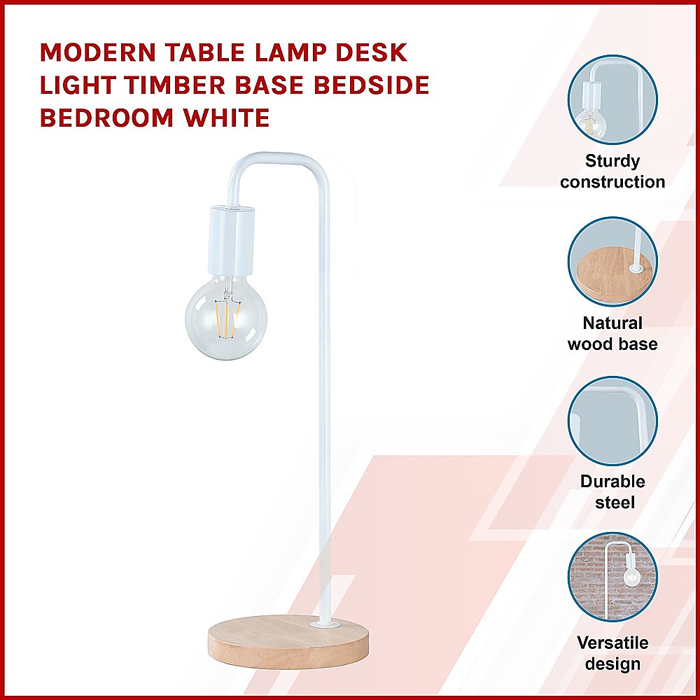 Modern Table lamp Desk Light Timber Base Bedside Bedroom White V63-831561