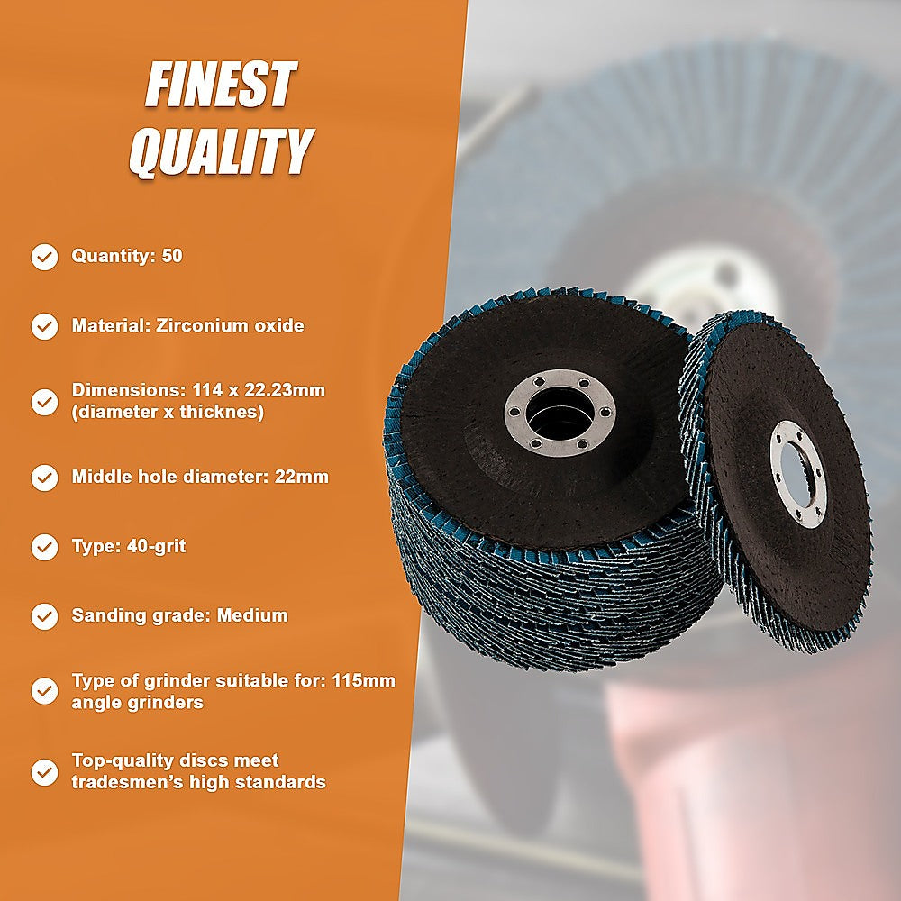 50x Pack Premium Zirconia Flap Disc Sanding Grinding 115mm 4.5" 40 Grit V63-831691
