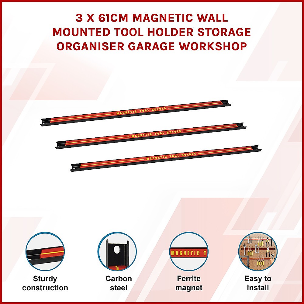 3 x 61cm Magnetic Wall Mounted Tool Holder Storage Organiser Garage Workshop V63-831781