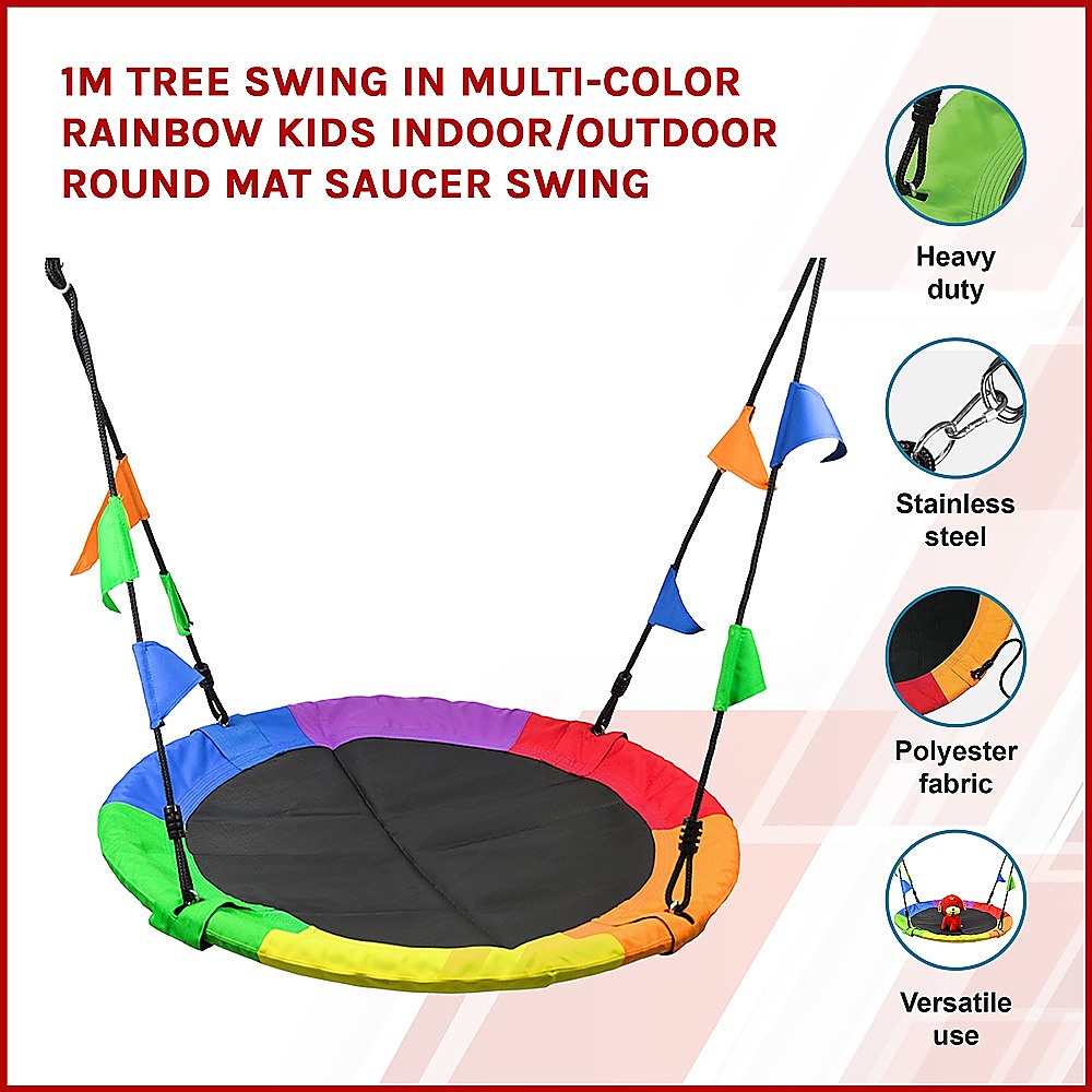 1m Tree Swing in Multi-Color Rainbow Kids Indoor/Outdoor Round Mat Saucer Swing V63-831801