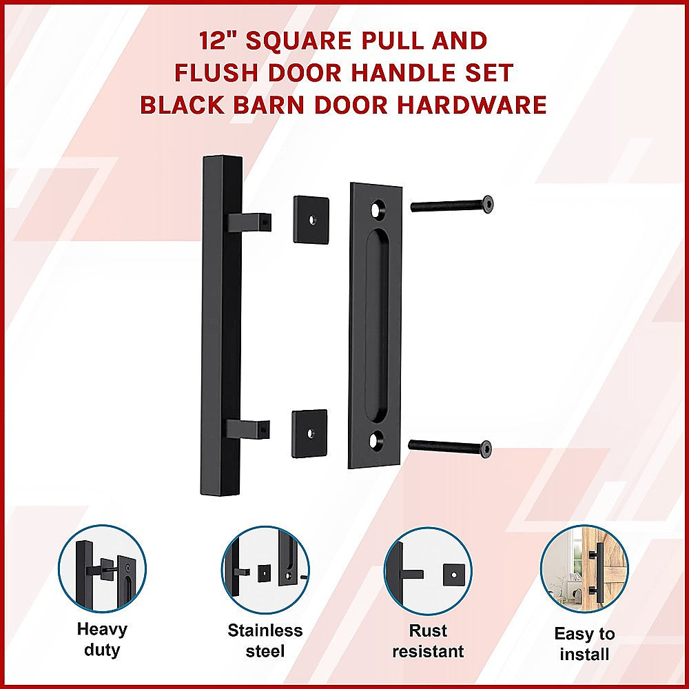 12" Square Pull and Flush Door Handle Set Black Barn Door Hardware V63-831831