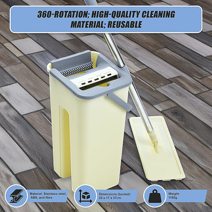 4x Microfiber Pads Flat Mop Bucket Kit 360 Rotating Self Wash Cleaning