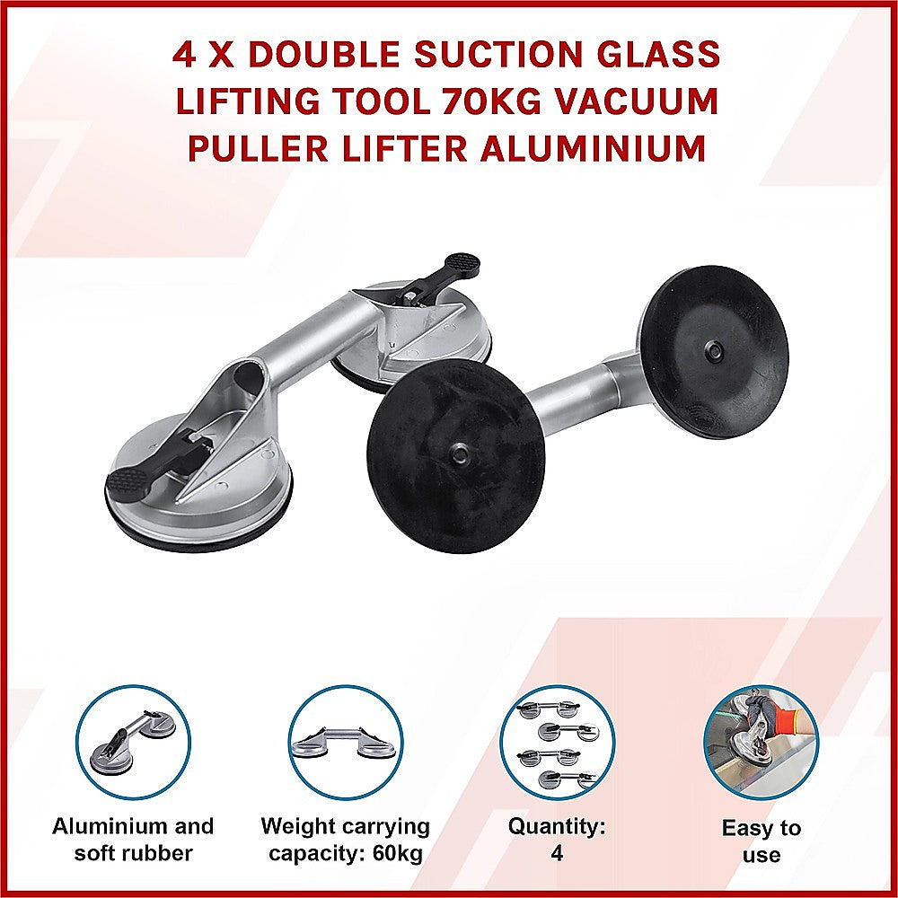 4 x Double Suction Glass Lifting Tool 70kg Vacuum Puller Lifter Aluminium V63-831921
