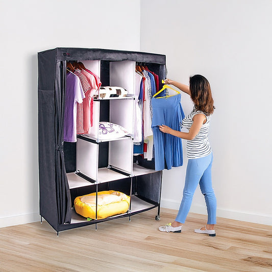 Large Portable Clothes Closet Canvas Wardrobe Storage Organizer with Shelves V63-831971