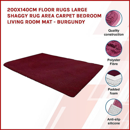 200x140cm Floor Rugs Large Shaggy Rug Area Carpet Bedroom Living Room Mat - Burgundy V63-832081