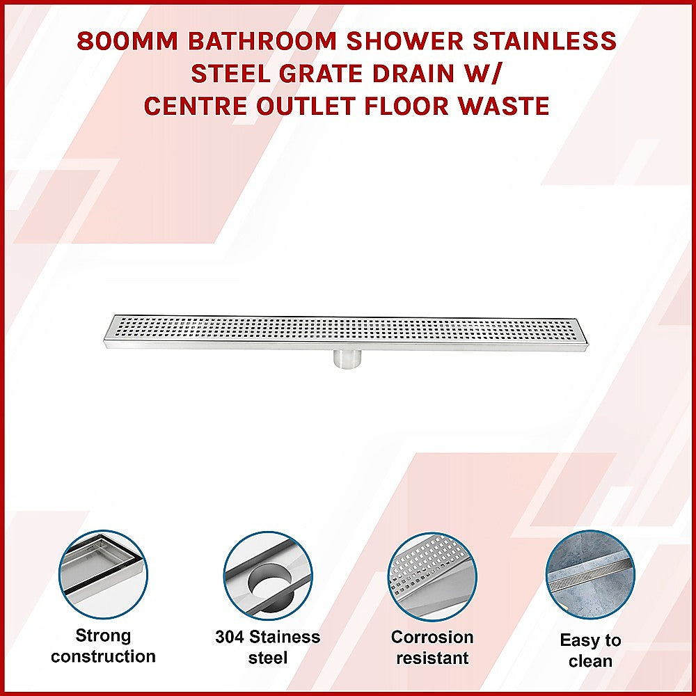 800mm Bathroom Shower Stainless Steel Grate Drain w/Centre outlet Floor Waste V63-832801