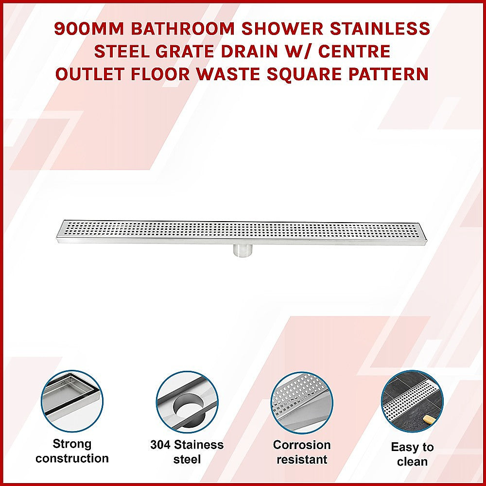 900mm Bathroom Shower Stainless Steel Grate Drain w/Centre outlet Floor Waste Square Pattern V63-832811