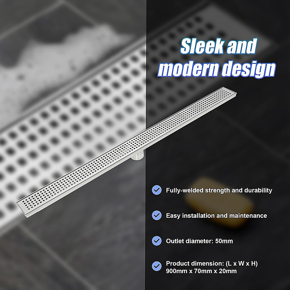900mm Bathroom Shower Stainless Steel Grate Drain w/Centre outlet Floor Waste Square Pattern V63-832811