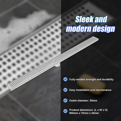 900mm Bathroom Shower Stainless Steel Grate Drain w/Centre outlet Floor Waste Square Pattern V63-832811