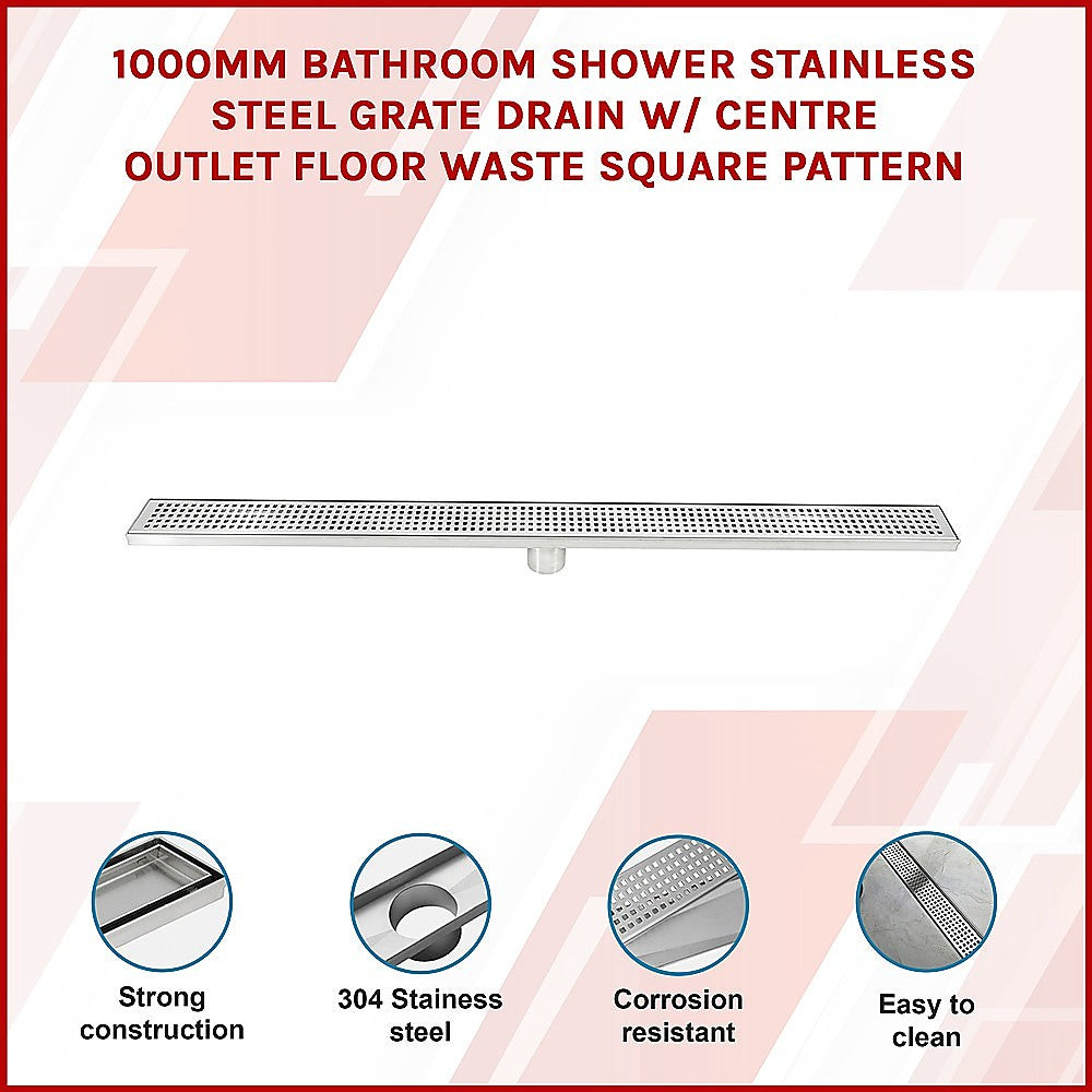 1000mm Bathroom Shower Stainless Steel Grate Drain w/Centre outlet Floor Waste Square Pattern V63-832821