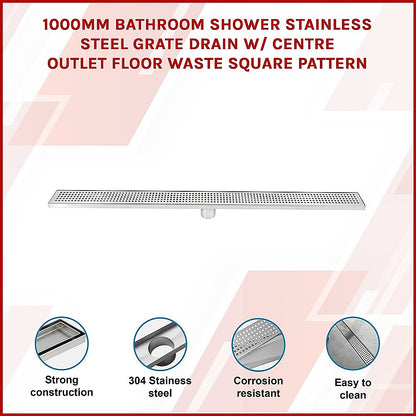 1000mm Bathroom Shower Stainless Steel Grate Drain w/Centre outlet Floor Waste Square Pattern V63-832821