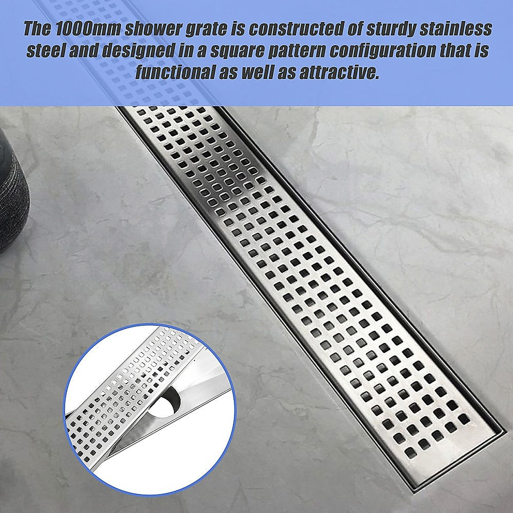 1000mm Bathroom Shower Stainless Steel Grate Drain w/Centre outlet Floor Waste Square Pattern V63-832821