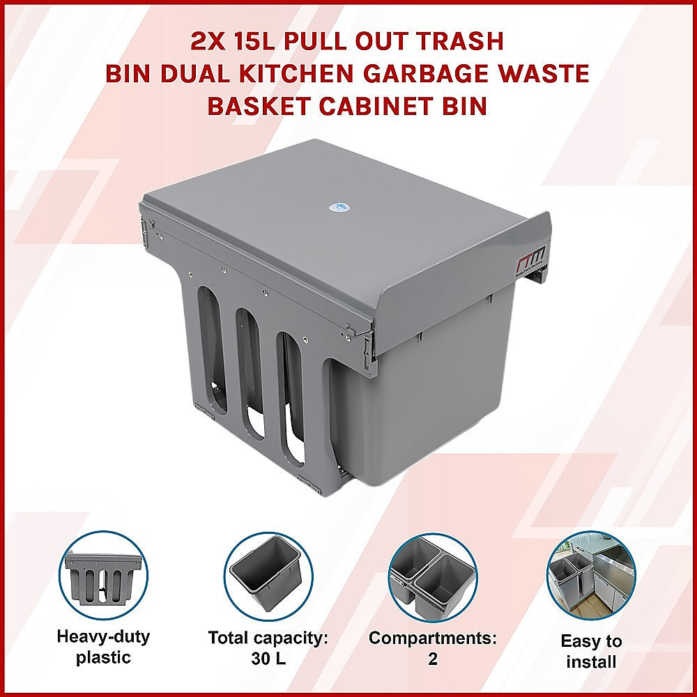 2x 15L Pull Out Trash Bin Dual Kitchen Garbage Waste Basket Cabinet Bin V63-832841