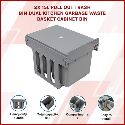 2x 15L Pull Out Trash Bin Dual Kitchen Garbage Waste Basket Cabinet Bin V63-832841