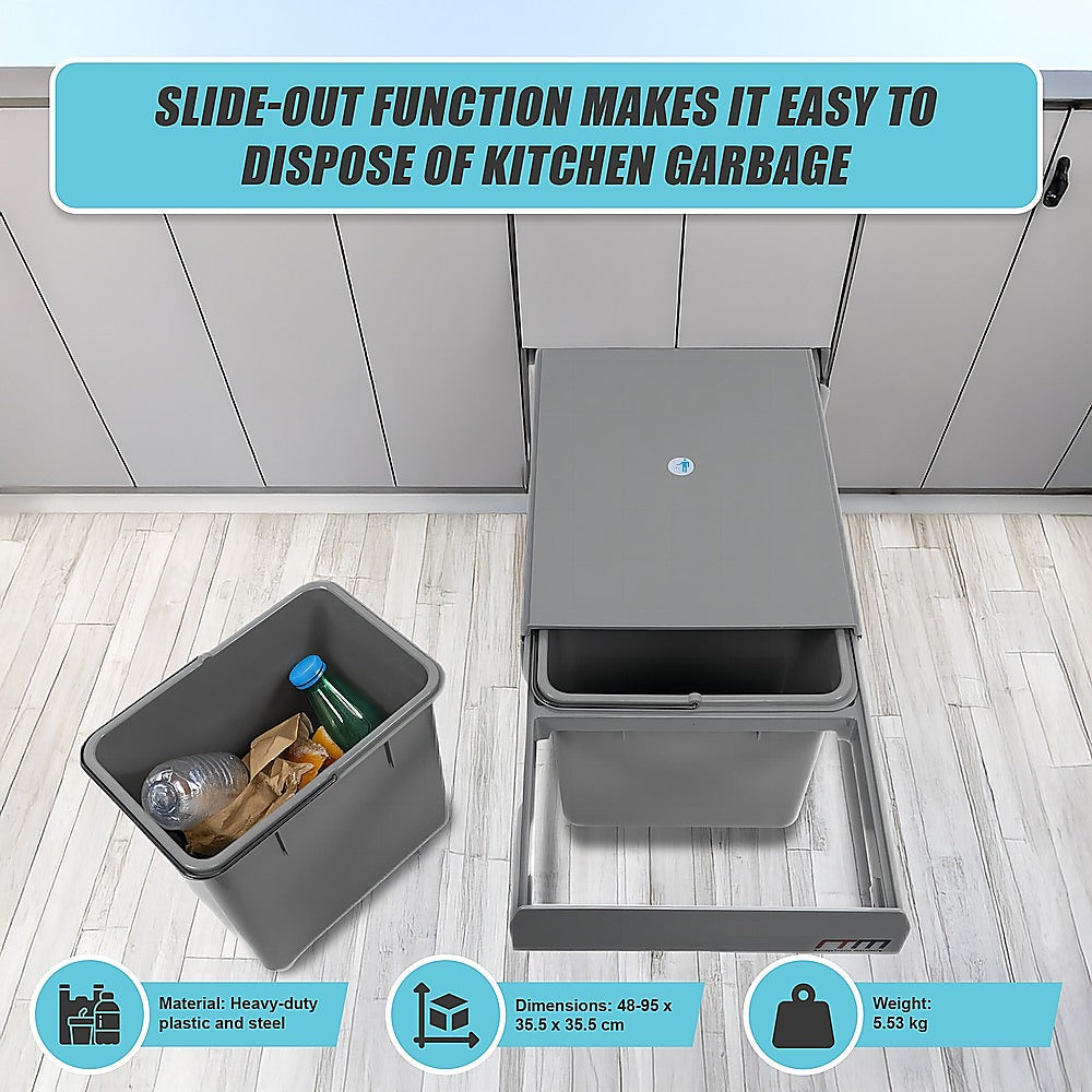2x 15L Pull Out Trash Bin Dual Kitchen Garbage Waste Basket Cabinet Bin V63-832841