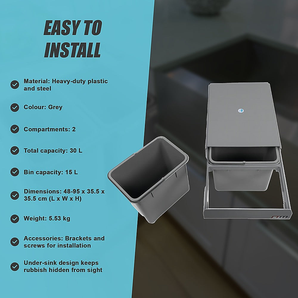 2x 15L Pull Out Trash Bin Dual Kitchen Garbage Waste Basket Cabinet Bin V63-832841