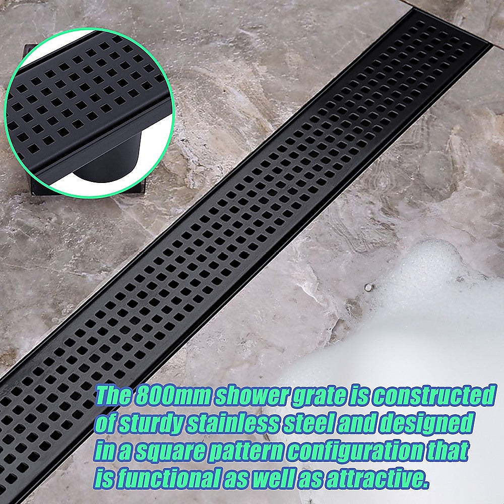 800mm Bathroom Shower Black Grate Drain w/Centre outlet Floor Waste V63-832911