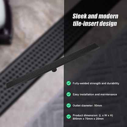 800mm Bathroom Shower Black Grate Drain w/Centre outlet Floor Waste V63-832911