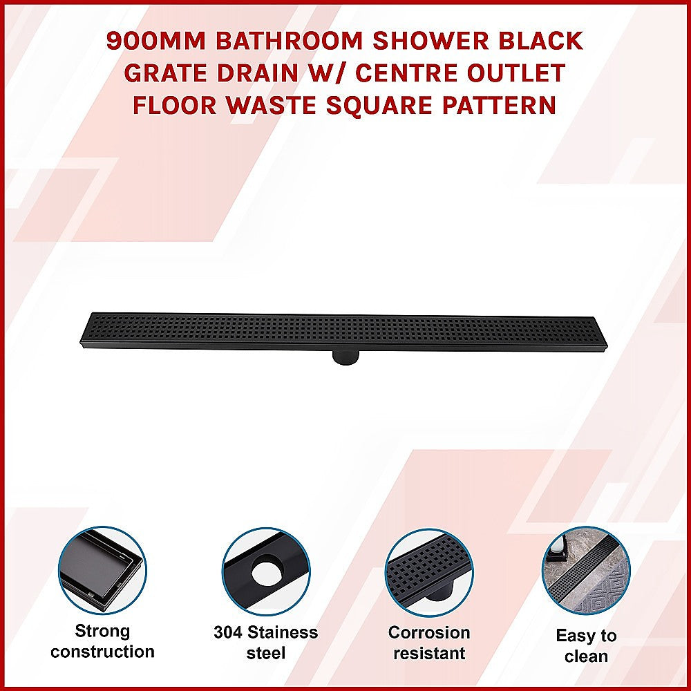 900mm Bathroom Shower Black Grate Drain w/Centre outlet Floor Waste Square Pattern V63-832921