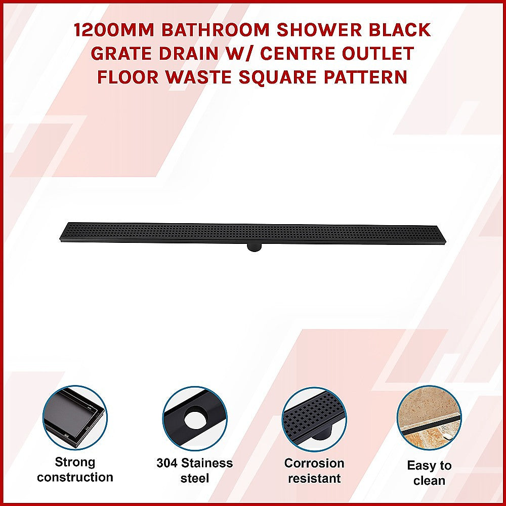 1200mm Bathroom Shower Black Grate Drain w/Centre outlet Floor Waste Square Pattern V63-832941