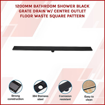 1200mm Bathroom Shower Black Grate Drain w/Centre outlet Floor Waste Square Pattern V63-832941