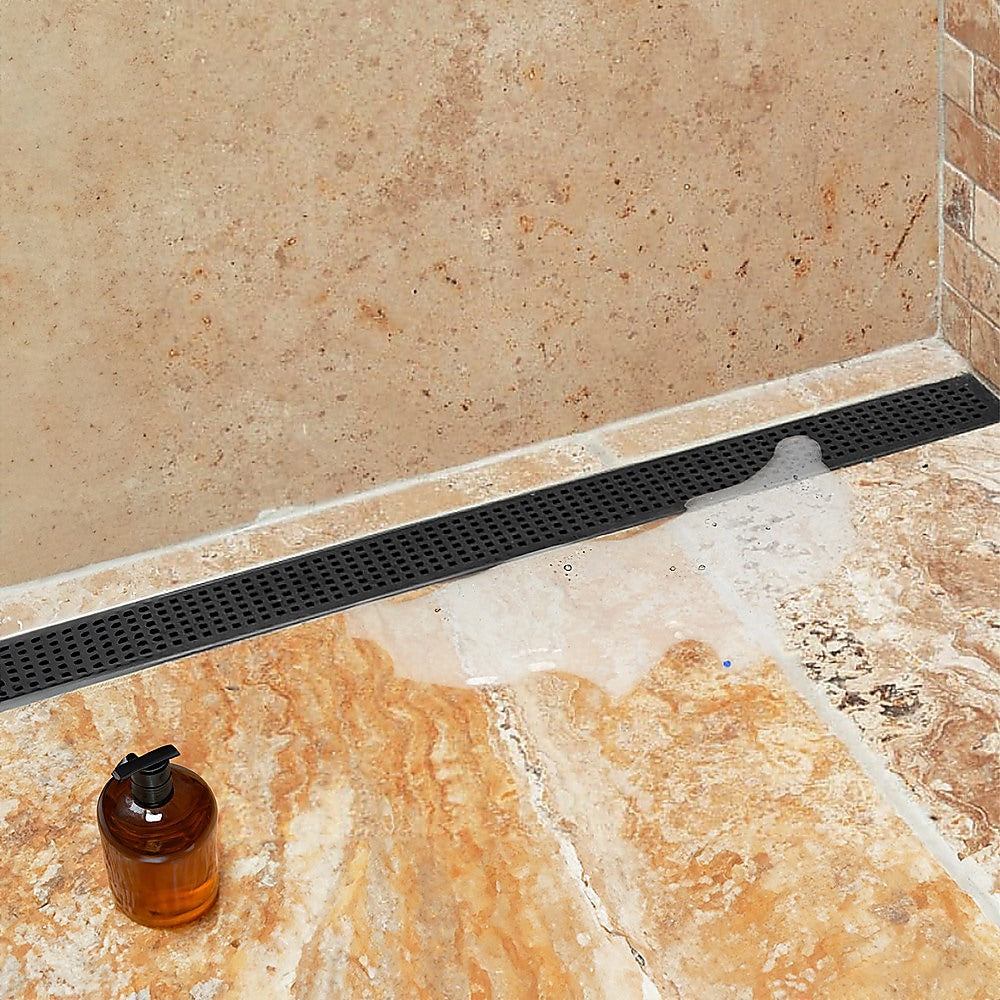 1200mm Bathroom Shower Black Grate Drain w/Centre outlet Floor Waste Square Pattern V63-832941