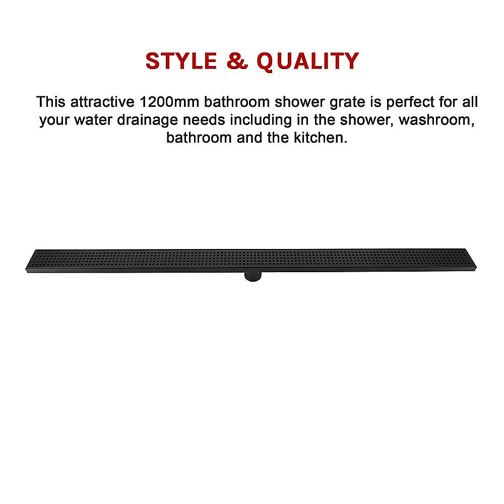 1200mm Bathroom Shower Black Grate Drain w/Centre outlet Floor Waste Square Pattern V63-832941
