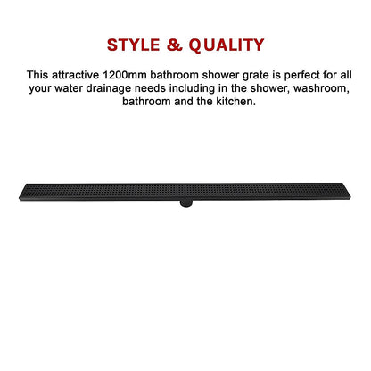 1200mm Bathroom Shower Black Grate Drain w/Centre outlet Floor Waste Square Pattern V63-832941