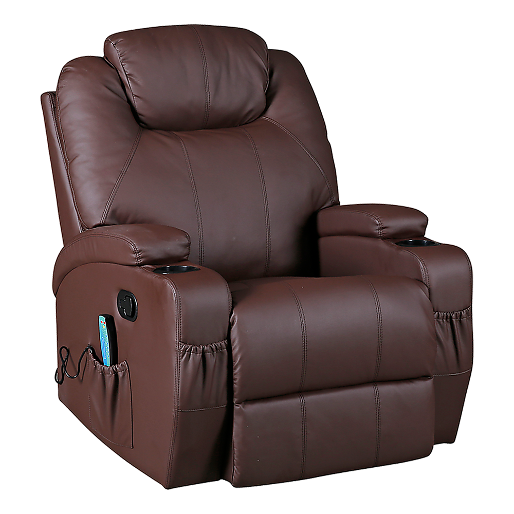Brown Massage Sofa Chair Recliner 360 Degree Swivel PU Leather Lounge 8 Point Heated V63-834001