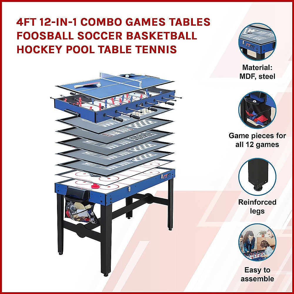 4FT 12-in-1 Combo Games Tables Foosball Soccer Basketball Hockey Pool Table Tennis V63-834021