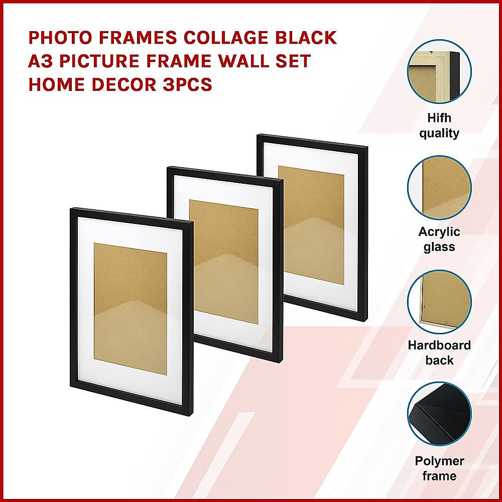 Photo Frames Collage Black A3 Picture Frame Wall Set Home Decor 3PCS V63-834041