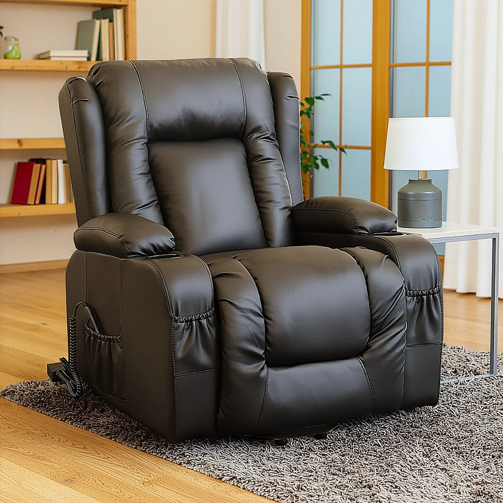 Recliner Chair - Electric Massage Lift Chair with Heat Function PU Leather Lounge Sofa Black V63-834091