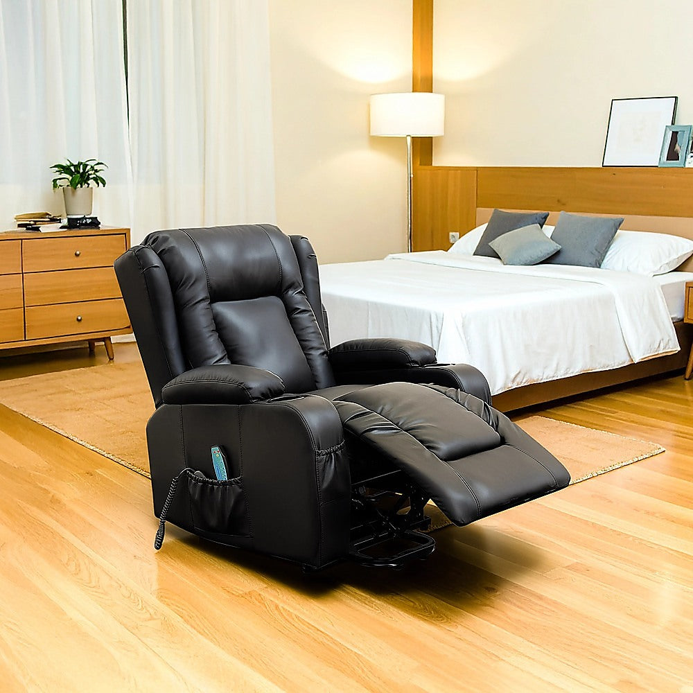 Recliner Chair - Electric Massage Lift Chair with Heat Function PU Leather Lounge Sofa Black V63-834091