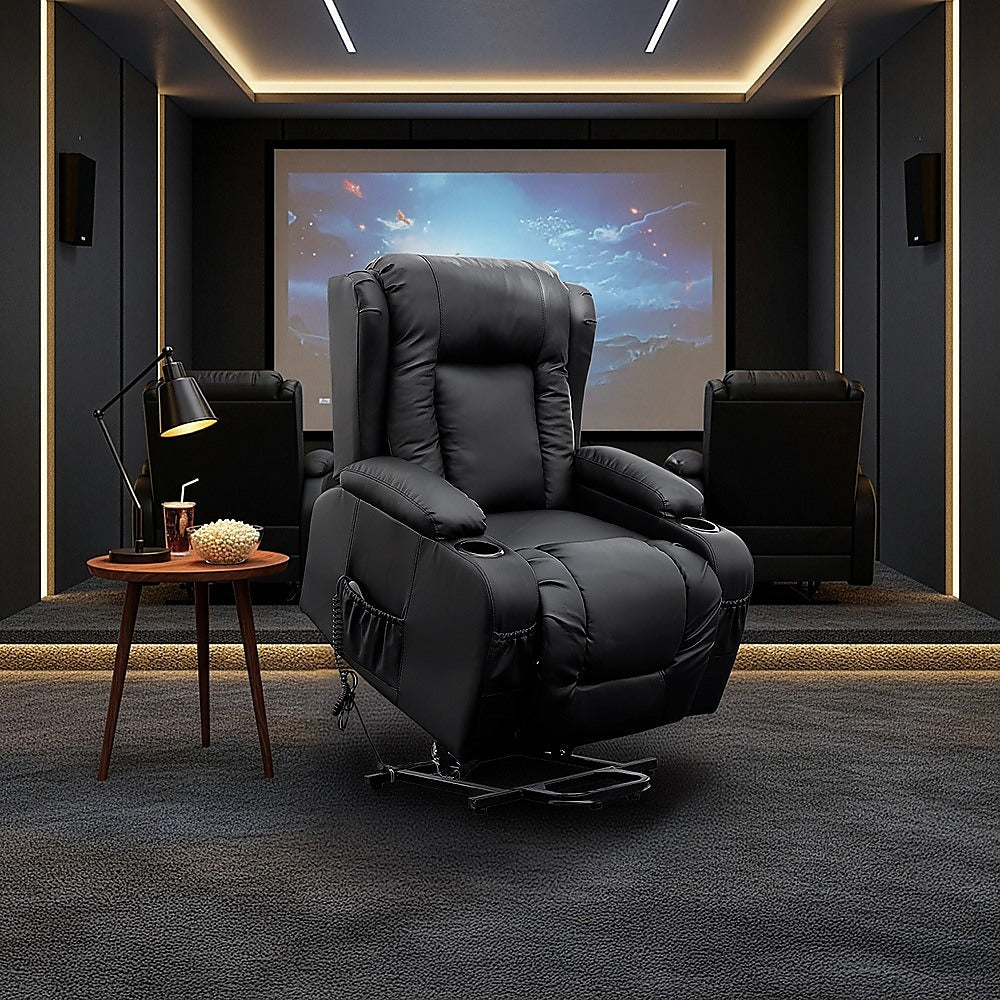 Recliner Chair - Electric Massage Lift Chair with Heat Function PU Leather Lounge Sofa Black V63-834091