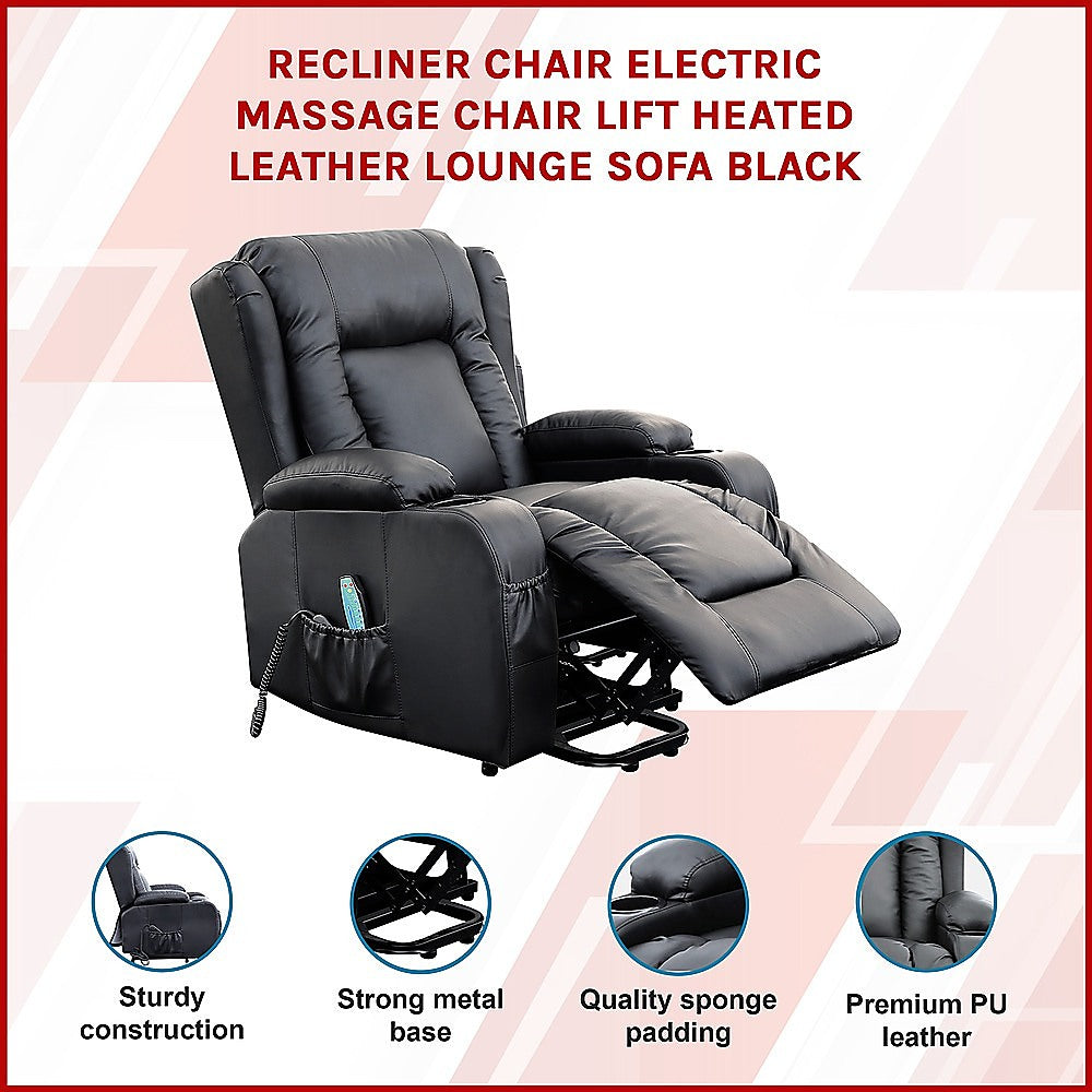 Recliner Chair - Electric Massage Lift Chair with Heat Function PU Leather Lounge Sofa Black V63-834091