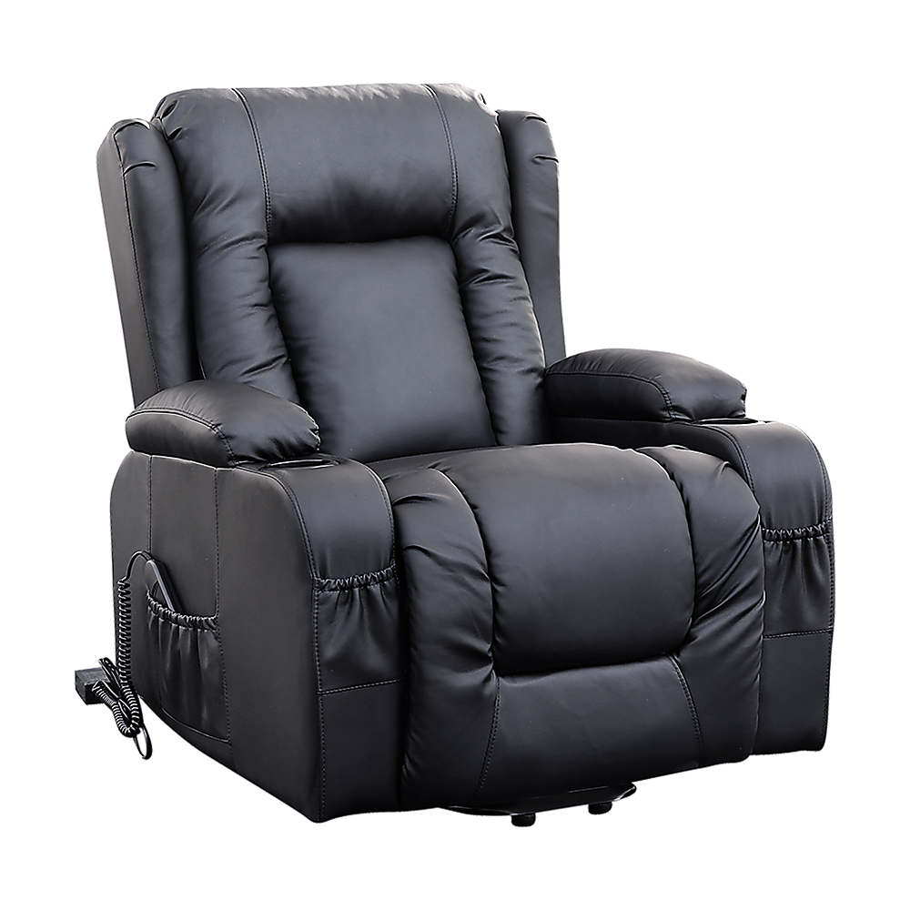 Recliner Chair - Electric Massage Lift Chair with Heat Function PU Leather Lounge Sofa Black V63-834091
